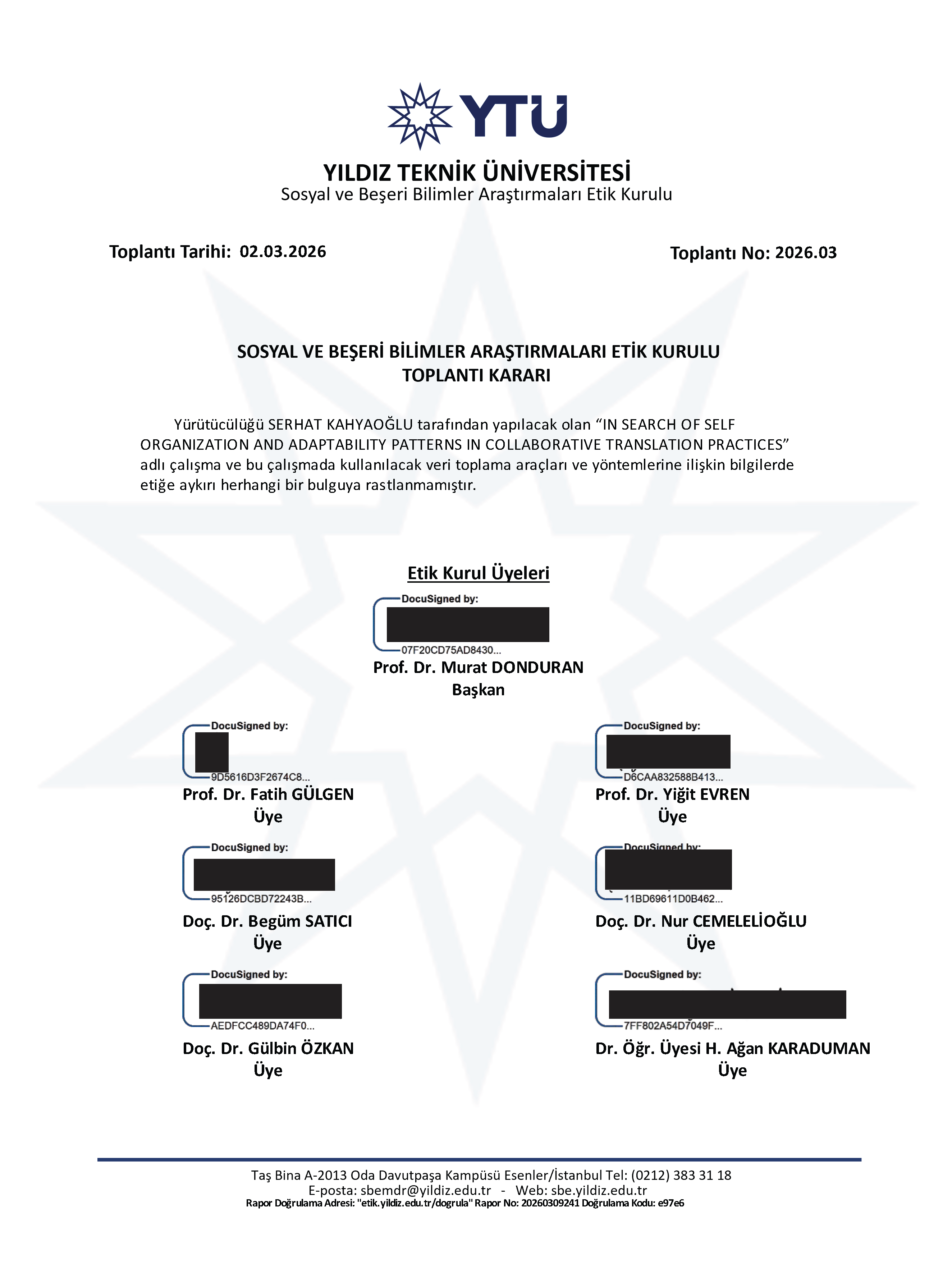YTU Ethics Committee Approval — Karar No. 2026/03, 02.03.2026